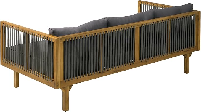 Merax Outdoor Acacia Wood Conversation Set - Patio 3-Seat Loveseat Sofa w/Coushion and Round Coffee Table for Backyard, Lawn, Balcony, Water Repellent, 600 lbs Sofa Capacity, Teak + Gray