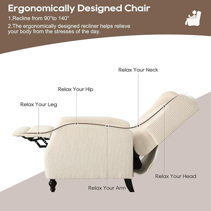 Wingback Recliner Chair, Tufted Corduroy Push Back Arm Chair for Living Room Vintage Recliner Chair with, Padded Cushion, Backrest, Wooden Legs (White)