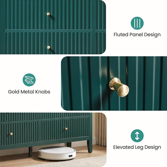 RoyalCraft 6 Drawer Dresser, Fluted Modern Wood Chest of Drawers, Long Dresser for Bedroom TV Stand Storage Cabinet for Living Room, Green