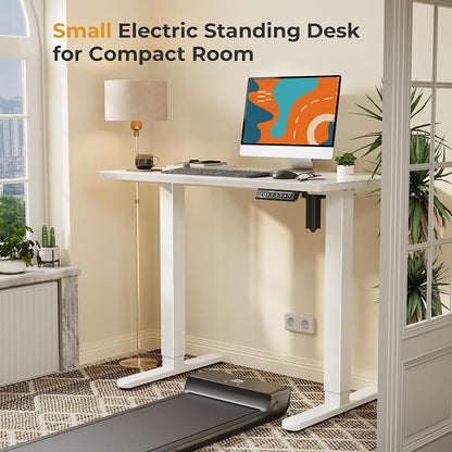 JOY worker Small Glass Standing Desk, 35" x 20" Electric Whole Piece Height Adjustable Desk with 4 Lockable Casters, Mobile White Sit to Stand Workstation for Home Office