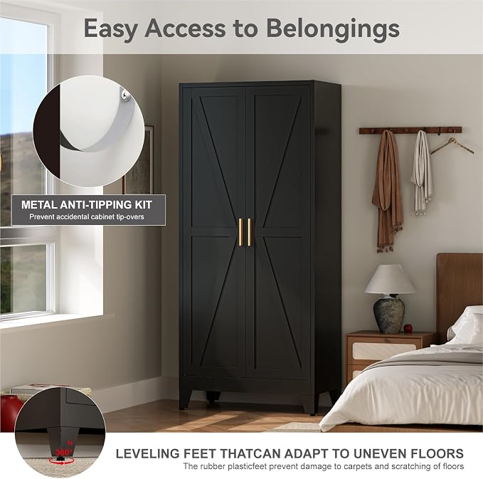 COFaR Metal Wardrobe Cabinet, 71" Farmhouse Storage Cabinet with Hanging Rod, 2 Barn Door, 2 Adjustable Shelves and Legs, for Bedroom, Laundry Room, Cloak Room, Gym, Office, School (Black)