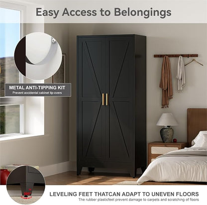 COFaR Metal Wardrobe Cabinet, 71" Farmhouse Storage Cabinet with Hanging Rod, 2 Barn Door, 2 Adjustable Shelves and Legs, for Bedroom, Laundry Room, Cloak Room, Gym, Office, School (Black)