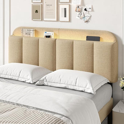 Queen Size Adjustable Headboard, Upholstered Headboard with Storage, APP Controlled LED Light, Padded Head Board Only, Sturdy Metal Foot Frame, Vertical Channel Design for Bedroom, Beige