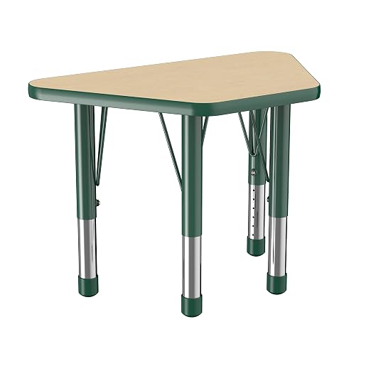 FDP Trapezoid Activity School and Classroom Kids Table (18 x 30 inch), Chunky Toddler Legs for Collaborative Seating Environments, Adjustable Height 15-24 inches - Maple Top and Green Edge