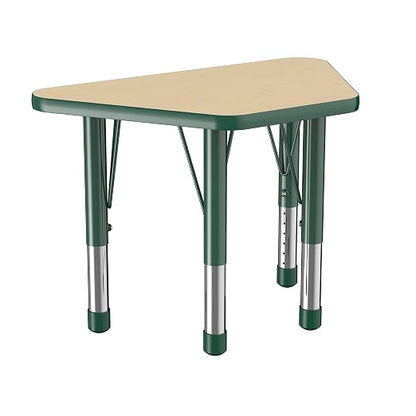 FDP Trapezoid Activity School and Classroom Kids Table (18 x 30 inch), Chunky Toddler Legs for Collaborative Seating Environments, Adjustable Height 15-24 inches - Maple Top and Green Edge