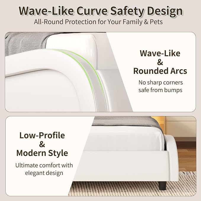 Keyluv Queen Size LED Bed Frame with Adjustable Headboard & Wave-Like Curve Safety Design, PU Leather Upholstered Platform Bed, Solid Wooden Slats Support, Easy Assembly, White