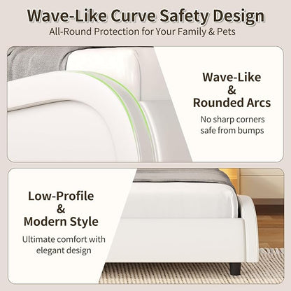 Keyluv Queen Size LED Bed Frame with Adjustable Headboard & Wave-Like Curve Safety Design, PU Leather Upholstered Platform Bed, Solid Wooden Slats Support, Easy Assembly, White