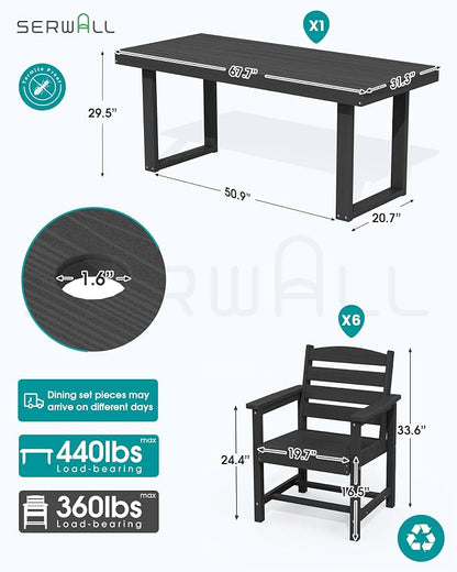 SERWALL HDPE Outdoor Dining Set for 6, 67'' Patio Table and Chairs Set | with Armchair Seat