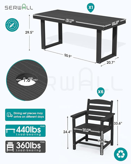 SERWALL HDPE Outdoor Dining Set for 6, 67'' Patio Table and Chairs Set | with Armchair Seat