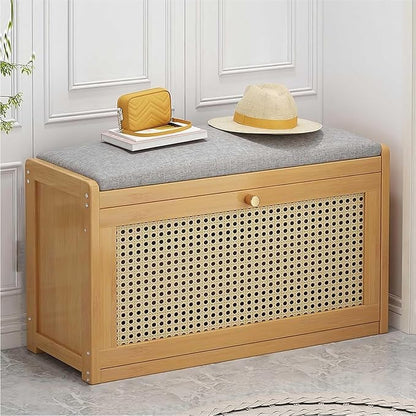 ELEFOCUS Shoe Storage Bench with Rattan Drawers - Slim Shoe Organizer Cabinet for Closet | Space-Saving Closed Shoe Rack (Size:70x25x45cm,Color:Primary Color)