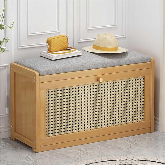 ELEFOCUS Shoe Storage Bench with Rattan Drawers - Slim Shoe Organizer Cabinet for Closet | Space-Saving Closed Shoe Rack (Size:70x25x45cm,Color:Primary Color)