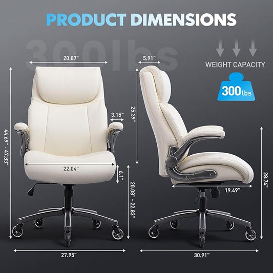 MALOL Ergonomic High-Back Executive Office Chairs, Heavy Duty Home Computer Chair with Lumbar Support, Flip-Up Arms, and PU Leather Upholstery, Beige