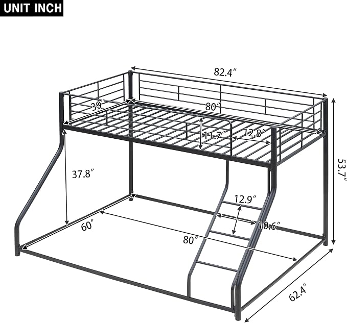 Harper & Bright Designs Twin XL Over Queen Bunk Bed, Heavy-Duty Metal Floor Bunk Bed Frame with Ladder for Kids Boys Girls Teens,Black