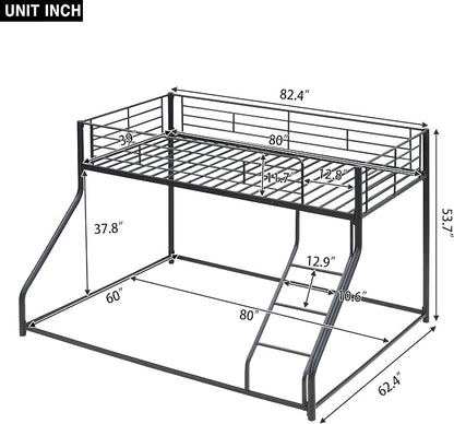 Harper & Bright Designs Twin XL Over Queen Bunk Bed, Heavy-Duty Metal Floor Bunk Bed Frame with Ladder for Kids Boys Girls Teens,Black
