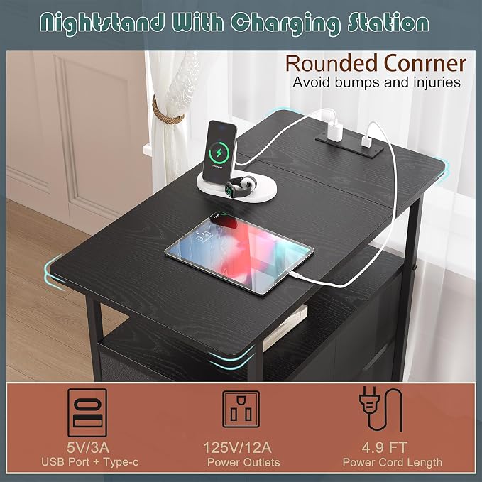 sthmec End Table with Charging Station, Narrow Side Table with 2 Drawers, Nightstands with Drawers, USB Ports & Power Oulets,Slim Sofa Side Tables for Small Spaces,Living Room,Bedroom,Black