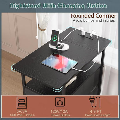 sthmec End Table with Charging Station, Narrow Side Table with 2 Drawers, Nightstands with Drawers, USB Ports & Power Oulets,Slim Sofa Side Tables for Small Spaces,Living Room,Bedroom,Black