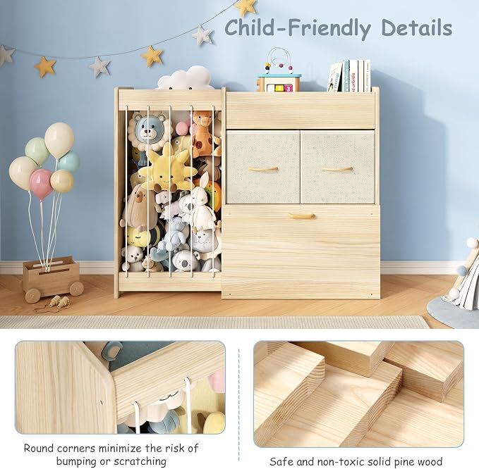 EXPERLAM Toy Storage Organizer with Stuffed Animal Holder, Solid Wood Kids Toy Shelf with 2 Drawers, Rolling Toy Chest and Top Rack, Plush Toy Storage for Bedroom, Playroom, Nursery