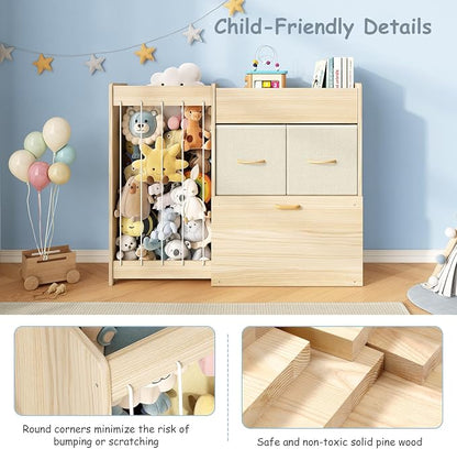 EXPERLAM Toy Storage Organizer with Stuffed Animal Holder, Solid Wood Kids Toy Shelf with 2 Drawers, Rolling Toy Chest and Top Rack, Plush Toy Storage for Bedroom, Playroom, Nursery