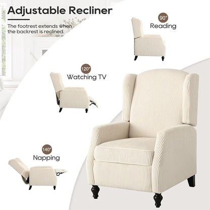Wingback Recliner Chair, Tufted Corduroy Push Back Arm Chair for Living Room Vintage Recliner Chair with, Padded Cushion, Backrest, Wooden Legs (White)