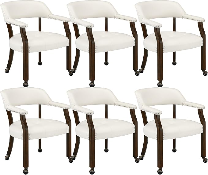 LEEMTORIG Set of 6 Dining Chairs - Large Rolling Chairs with Wheels, Arms & Casters - Poker Table or Office - Espresso Legs & Ivory PU