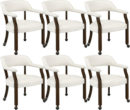 LEEMTORIG Set of 6 Dining Chairs - Large Rolling Chairs with Wheels, Arms & Casters - Poker Table or Office - Espresso Legs & Ivory PU