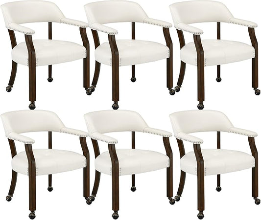 LEEMTORIG Set of 6 Dining Chairs - Large Rolling Chairs with Wheels, Arms & Casters - Poker Table or Office - Espresso Legs & Ivory PU