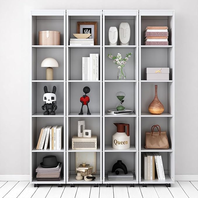 MERITLINE Queen Murphy Bed Cabinet with Storage Bookshelf Bookcase, Wood Hidden Foldable White Murphy Wall Bed with Storage Shelves for Adults