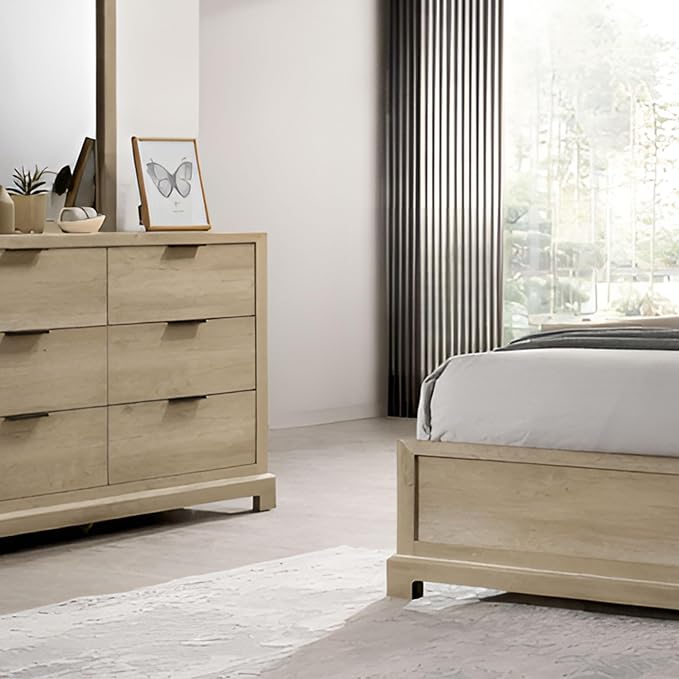 Kings Brand Furniture Linden 4-Piece Bedroom Set, King Size Bed Frame with Upholstered Headboard, Dresser with Mirror and 2-Drawer Nightstand, Oak Finish
