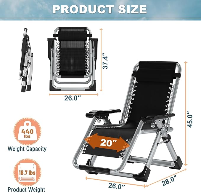 ABORON Upgrade Zero Gravity Chair/Armrest Mat,Premium Outdoor Lawn Folding Lounge Chairs,Sturdy Adjustable Reclining Patio Chairs with Removable Seating Cushion,Headrest & Tray