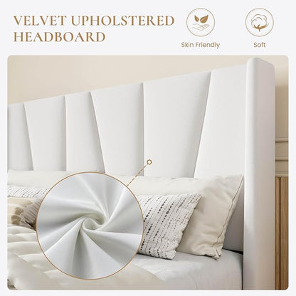 SHA CERLIN Queen Size Velvet Bed Frame with Geometric Wingback Headboard, Upholstered Platform Bed with Wooden Slats Support, 8" Under-Bed Space, No Box Spring Needed, Easy Assembly, White