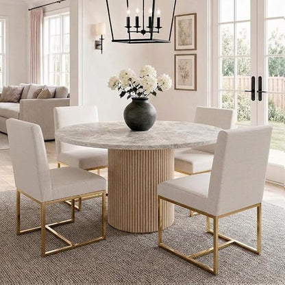 HNY Modern Dining Chairs Set of 4, Upholstered Linen Dining Room Chairs with Ergonomic Back & Polished Gold Metal Frame for Home, Kitchen, Apartment, Cream