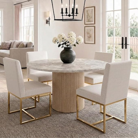 HNY Modern Dining Chairs Set of 4, Upholstered Linen Dining Room Chairs with Ergonomic Back & Polished Gold Metal Frame for Home, Kitchen, Apartment, Cream