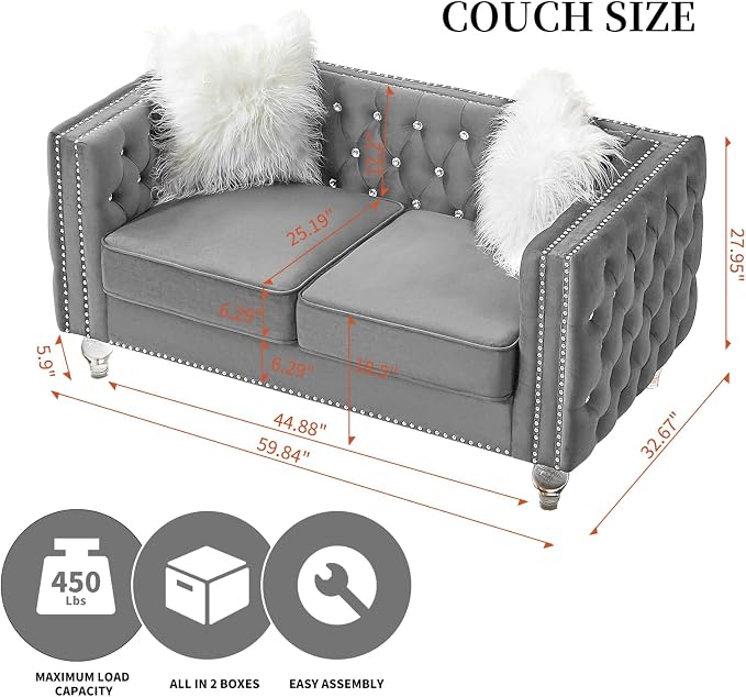 60" Chesterfield Sofa, Velvet Mid-Century Modern Upholstered Loveseat Sofa with 2 Throw Pillows and Acrylic Legs, Nailhead Button Tufted Vintage Couch for Living Room, Apartment, Grey