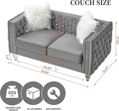 60" Chesterfield Sofa, Velvet Mid-Century Modern Upholstered Loveseat Sofa with 2 Throw Pillows and Acrylic Legs, Nailhead Button Tufted Vintage Couch for Living Room, Apartment, Grey