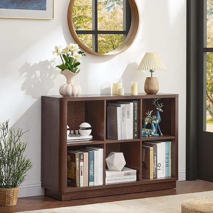 Joaxswe 6 Cube Bookcase, 40" Wide Low Horizontal Book Shelf w/Curved Edge, Wood Floor Standing 2-Tier Bookshelf with Base, Modern Short Storage Organizer for Bedroom,Office, Walnut