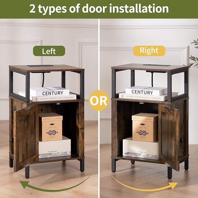 Yoobure Farmhouse NightStand with Charging Station，Wood Night Stand End Table with USB Ports, LED Bed Side Table with Storage Cabinet，Bedside Table for Bedroom, Living Room Rustic Brown