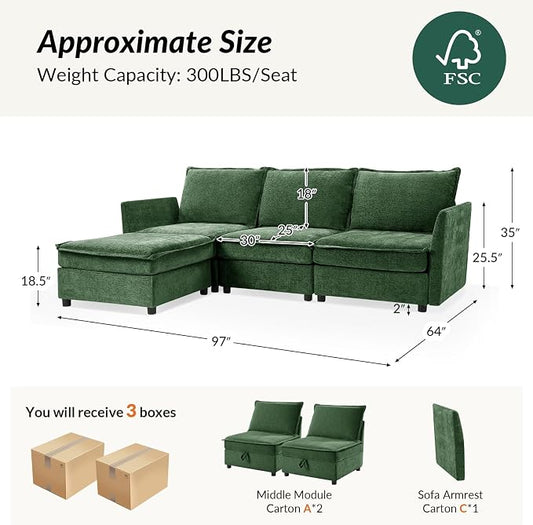 HULALA HOME 97'' Modular Sectional Sofa, L Shaped Couch with Storage Ottoman, Comfy Chenille Sofa with Deep Seat, 4 Seat Convertible Sectional Couches for Living Room, Green