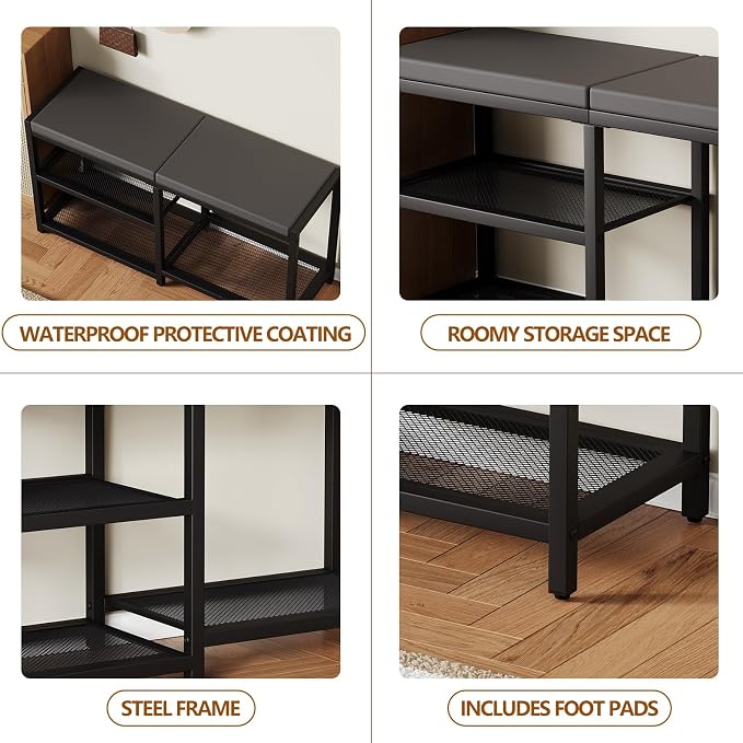 ZHOOGE Shoe Bench & Rack Storage Bench - Entryway Bench with Seat Cushion, Stable Organizer for Entryway & Living Room, Holds Up to 300 lb, (35" L x 12" W x 17" H, Black)