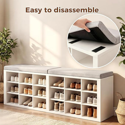 Shoe Rack Bench, Shoe Storage Bench with Cushion, Shoe Organizer 18 Cubbies for Entryway Hallway Bedroom Living Room, Holds Up to 400lbs