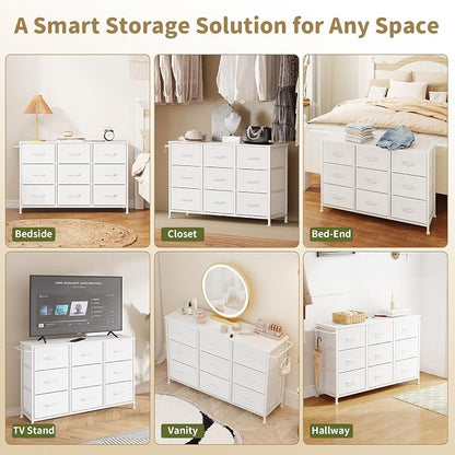 Dresser for Bedroom, Small Fabric Dressers for Kids Bedroom, 9 Drawers Dresser for Closet, Storage Organizer Chest of Drawers for Nursery, Dorm, Apartment, TV Stand, Wooden Top, Side Hooks (White)