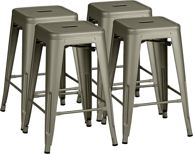 Furmax 24 Inch Metal Bar Stools Set of 4, Counter Height Bar Stools Height High Backless Stools Industrial Stackable Bar Chairs for Dining Room Kitchen Indoor Outdoor Stools Bar Chairs (Gun)