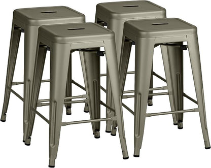 Furmax 24 Inch Metal Bar Stools Set of 4, Counter Height Bar Stools Height High Backless Stools Industrial Stackable Bar Chairs for Dining Room Kitchen Indoor Outdoor Stools Bar Chairs (Gun)