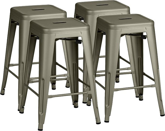 Furmax 24 Inch Metal Bar Stools Set of 4, Counter Height Bar Stools Height High Backless Stools Industrial Stackable Bar Chairs for Dining Room Kitchen Indoor Outdoor Stools Bar Chairs (Gun)