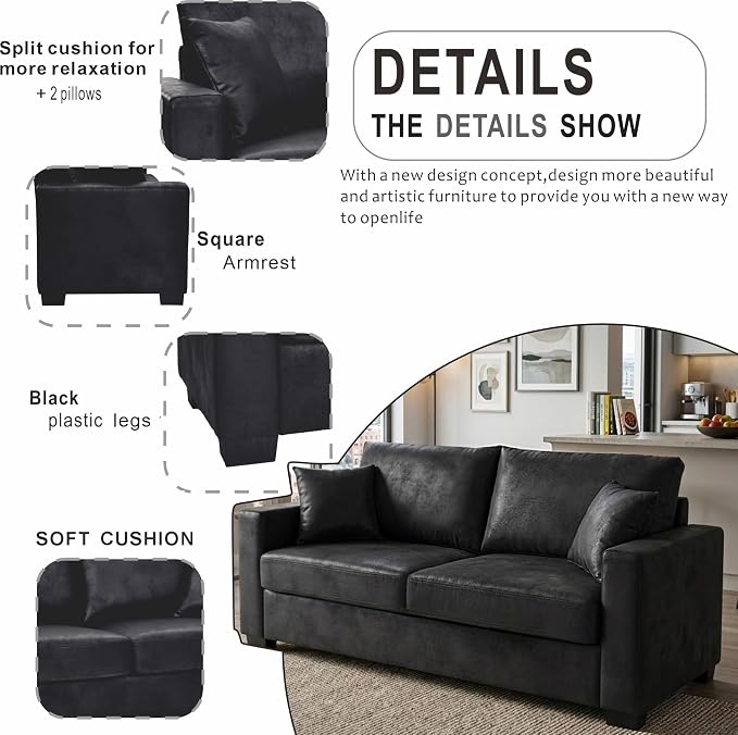 Ball & Cast 69" Loveseat Sofa, Modern Love Seat Couches for Living Room, Upholstered 2 Seater Small Couch with 2 Throw Pillows for Bedroom,Apartment,Office,Easy Assembly,Black