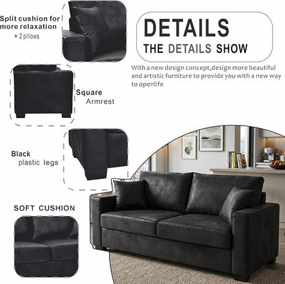 Ball & Cast 69" Loveseat Sofa, Modern Love Seat Couches for Living Room, Upholstered 2 Seater Small Couch with 2 Throw Pillows for Bedroom,Apartment,Office,Easy Assembly,Black
