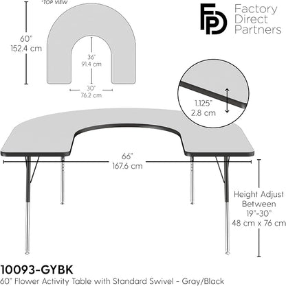 FDP Horseshoe Activity School and Office Table (60 x 66 inch), Standard Legs with Swivel Glides for Collaborative Seating Environments, Adjustable Height 19-30 inches - Gray Top and Black Edge