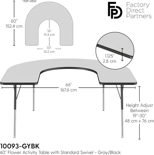 FDP Horseshoe Activity School and Office Table (60 x 66 inch), Standard Legs with Swivel Glides for Collaborative Seating Environments, Adjustable Height 19-30 inches - Gray Top and Black Edge
