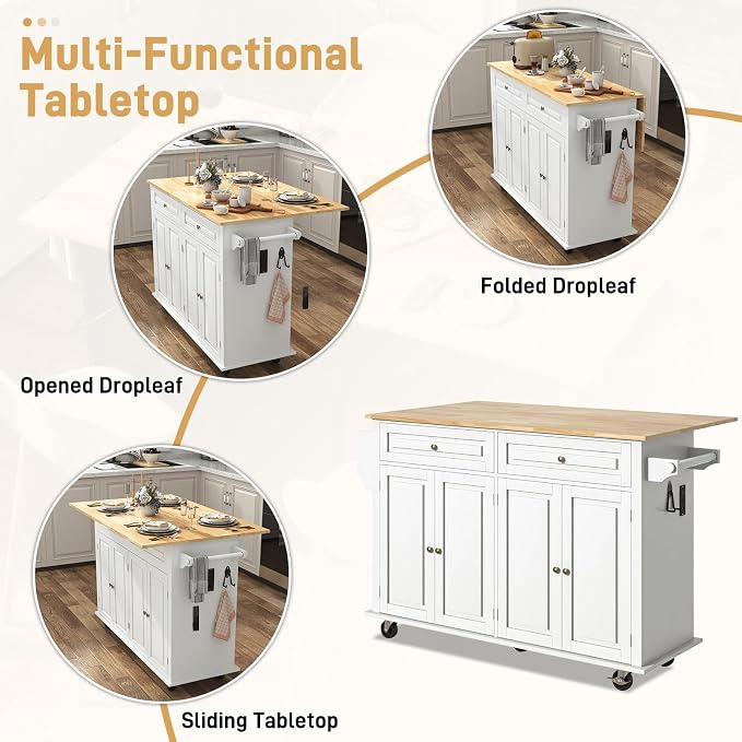 Hlivelood 59.1" Movable Kitchen Island with Drop Leaf and Power Outlet, Rolling Island Cart w/Storage Cabinet, Island Table on Wheels for Kitchen w/2 Drawers, Spice Rack, Towel Bar, Garage Hook, White