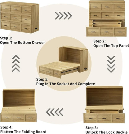 Murphy Bed Full Size with Storage and Charging Station, Farmhouse Wall Bed Cabinet Foldable Wooden Frame for Guest Room - Natural