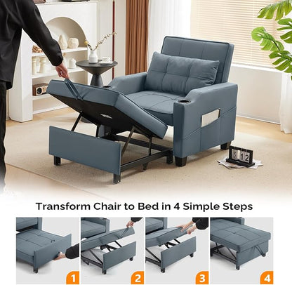 VINGLI Sleeper Chair with Pull Out Couch Bed, 3-in-1 Convertible Sofa Bed Chaise Recliner with USB Ports, Cup Holders, Side Pockets for Living Room Bedroom Small Spaces